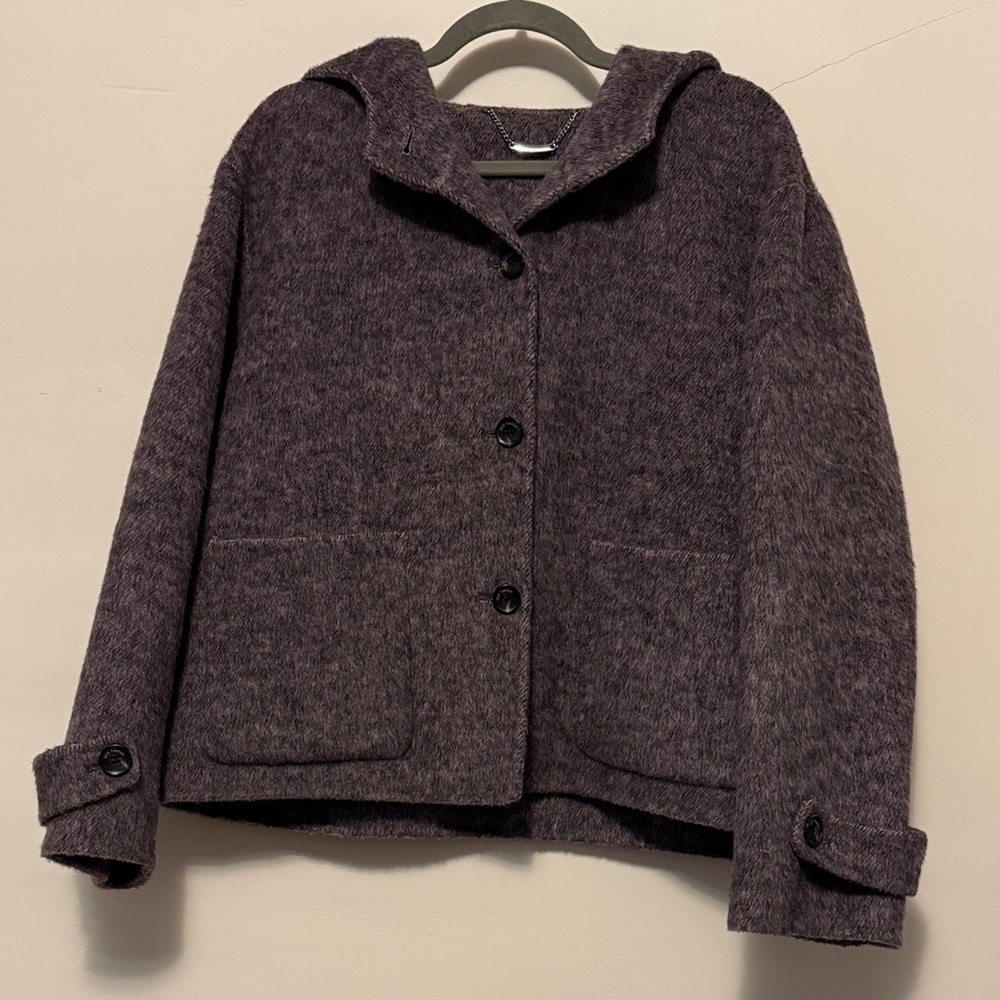 Wool Hooded Button-Front Coat in Dark Purple